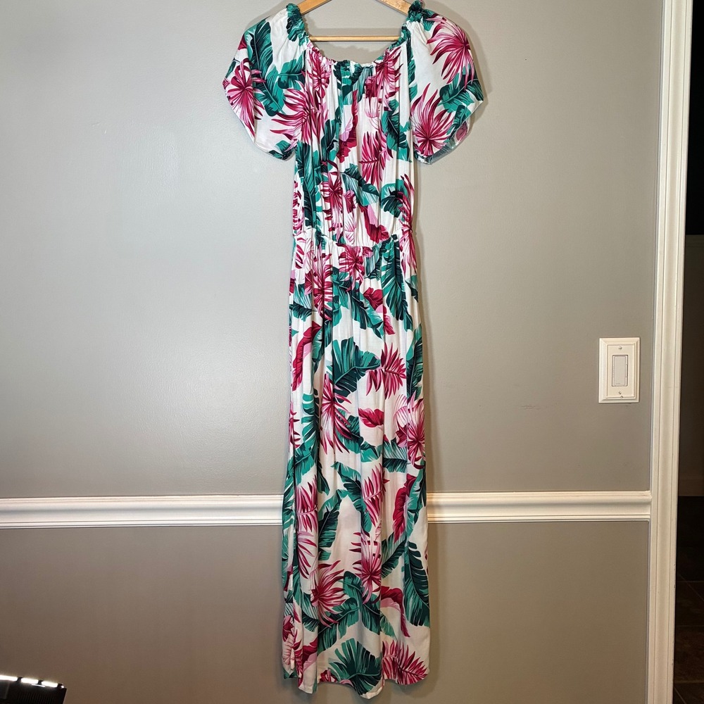 Seven Islands Tropical Palm Leaf Maxi Dress Pink Teal Green Off Shoulder Large
